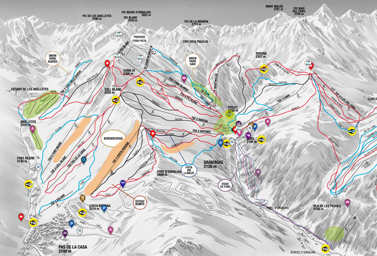 Схема лыжных трасс горнолыжного курорта Пас де ла Каса - Грау Рож в регионе Грандвалира