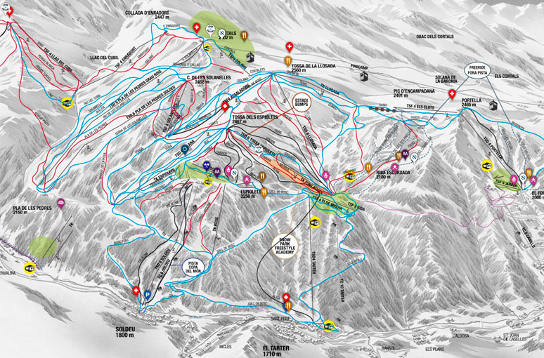 Схема лыжных трасс горнолыжного курорта Сольдеу - эль Тартер в регионе Грандвалира